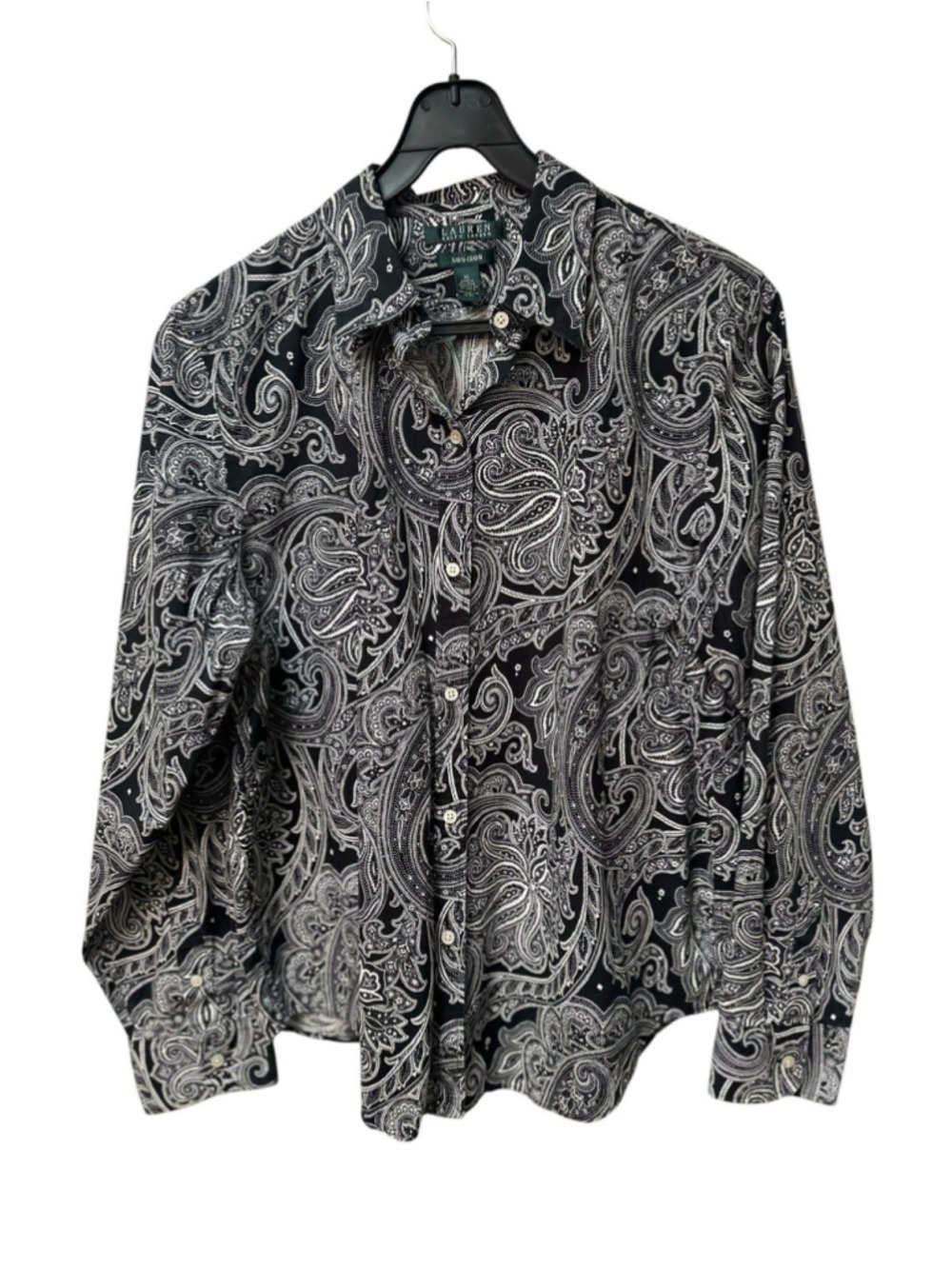 Lauren Ralph Lauren Paisley Shirt Womens XL Exquisite Black & White Long Sleeves